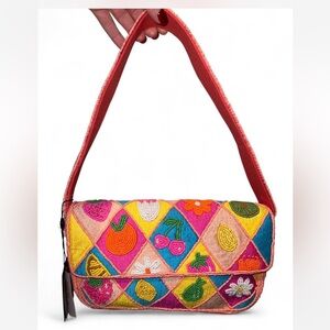 viral colorful pink fruit patchwork beaded bag america and beyond made in india
